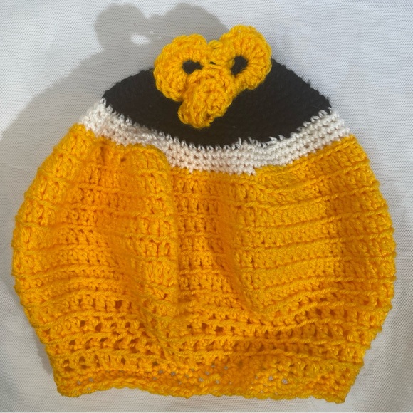 Handmade Hand Crocheted Color Block Strata Striped Beanie Hat Yellow Black OSFM - Picture 2 of 8